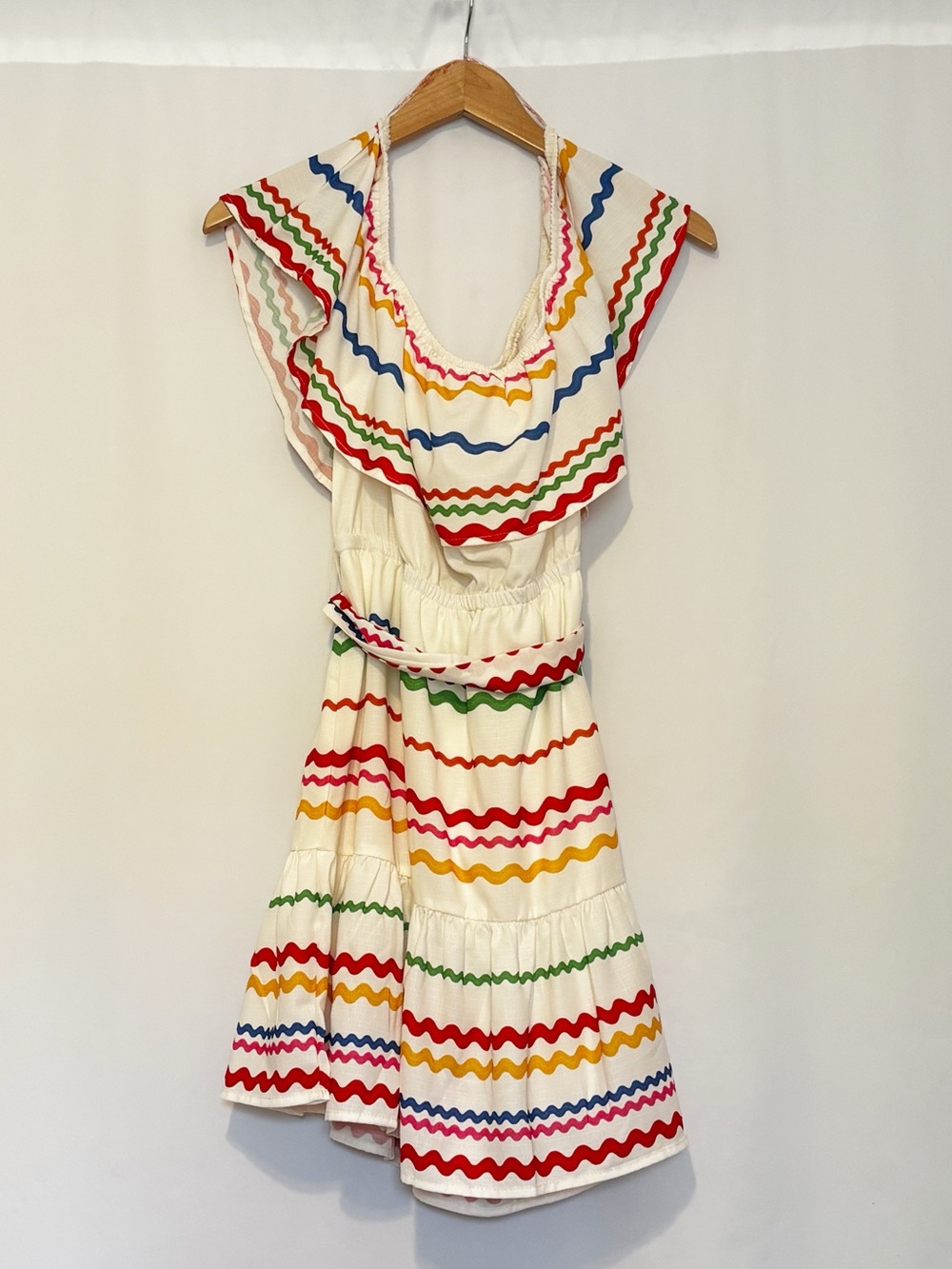 Flying Tomato Off-Shoulder White Sundress with Ric Rac Rainbow Wavy Stripes - Picture 4 of 12